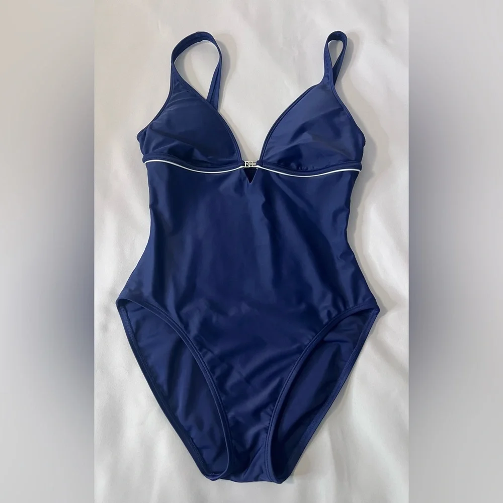 Lauren Ralph Lauren Womens Blue V Neck‎ One Piece Swimsuit Sz 10